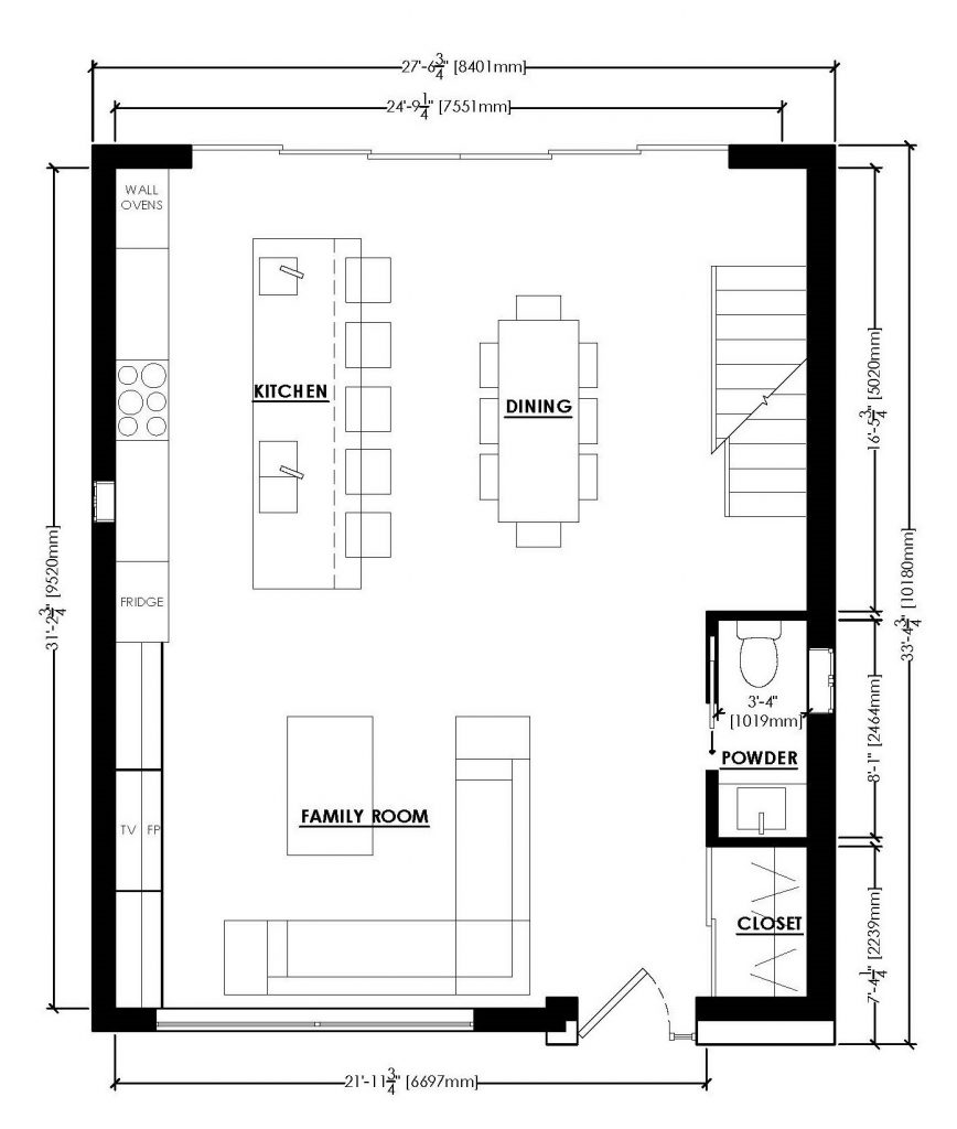 A floor plan of the main floor of a home including a dining room, living room and kitchen.