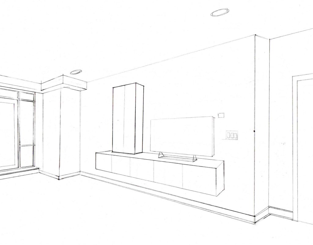 A sketch of a living room wall with floating cabinetry holding a tv